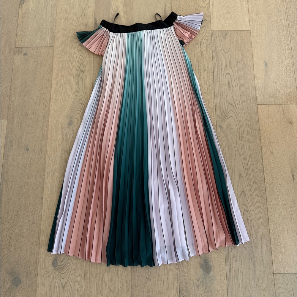Ted Baker Colorblock Pleated Off-Shoulder Dress in Green, Blush & White